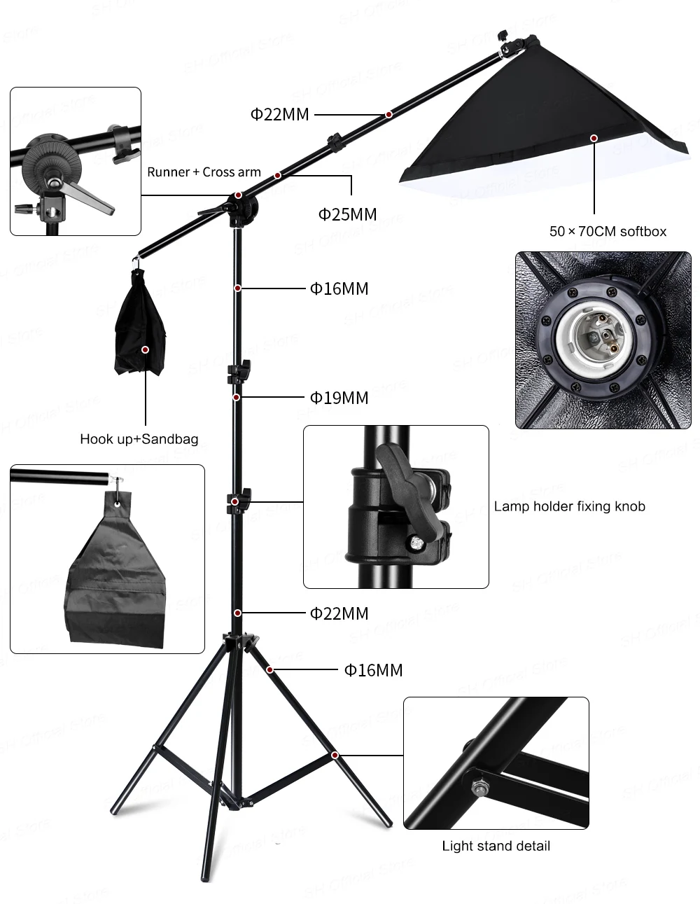 Phone Tripod C Stand for Photo Studio 2M with 1.4M Crossbar Boom Arm Sandbag Supporting Photography Phone Flash Video Record
