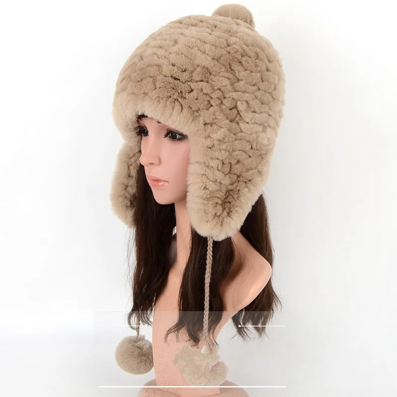 

Real Rex Rabbit Fur Hat with Earflap New Design Winter Warm Knitted Cap for Girl Women Big Pompom H5