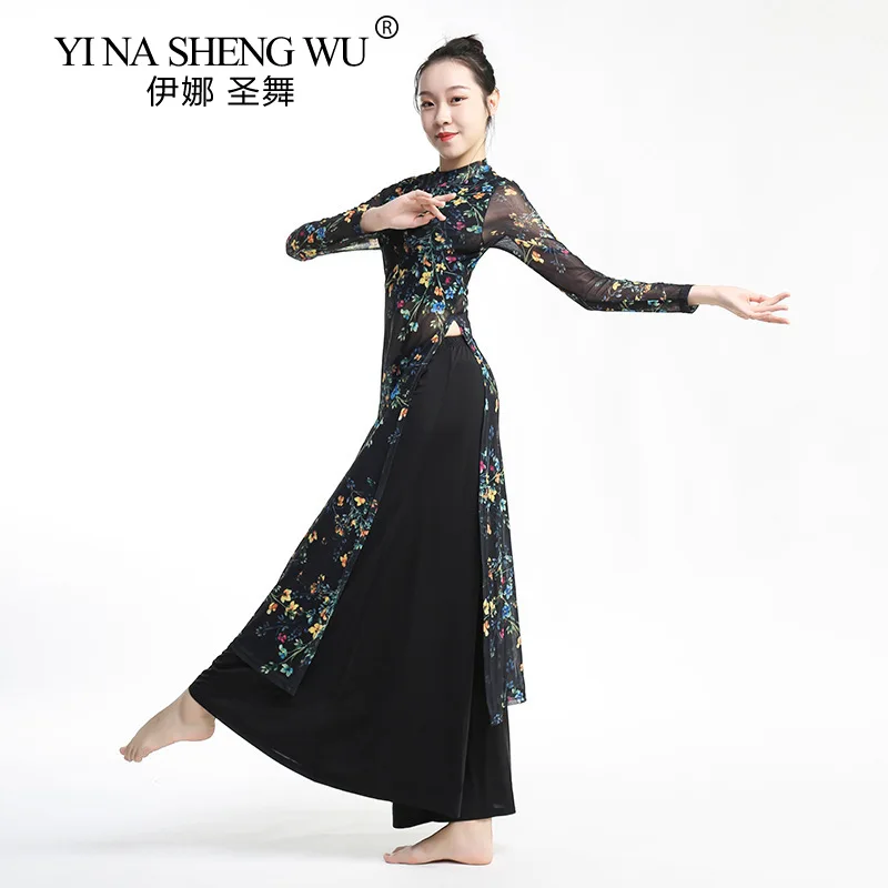 Classical Dance Practice Clothes Lpng Top Gauze Elegant Net Gauze Printing Chinese Style Dance Cheongsam Performance Costume New