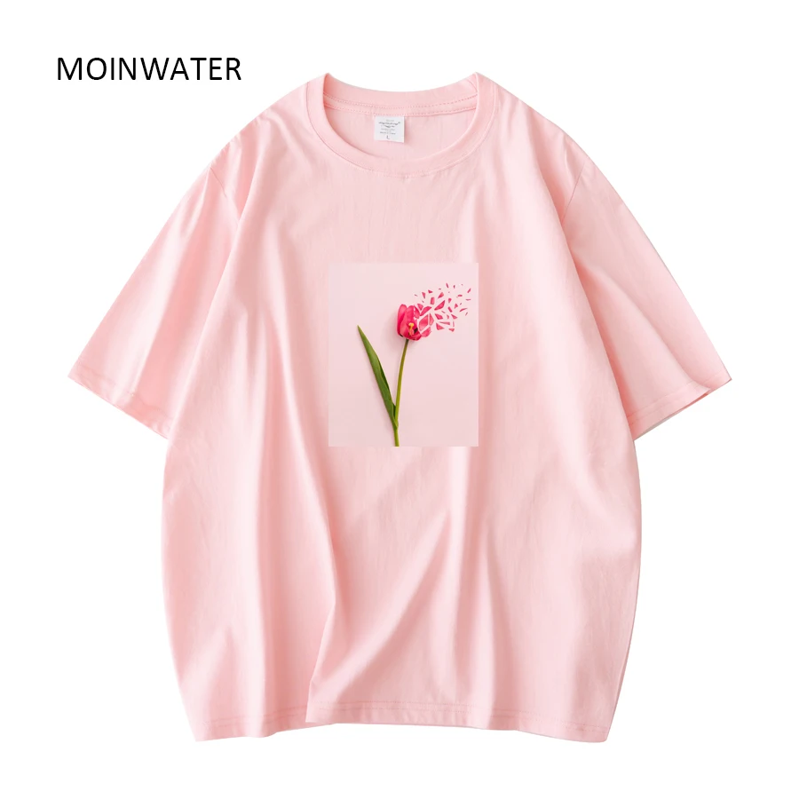 

MOINWATER 2021 New Women Rose Floral Pattern Tees Female Cotton Streetwear Short Sleeve T-shirts Lady Summer Tops MT21030