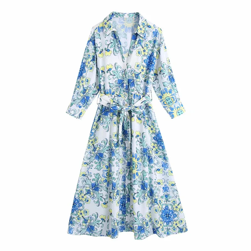 Evfer Women Fashion Blue Floral Print High Waist Nice Za Long Dress With Belt Girls Elegant Long Sleeve V-Neck Summer Dresses