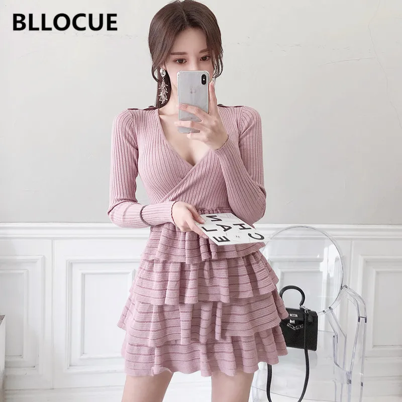 

BLLOCUE New 2020 Spring Korean Bright Silk knitting Women Office Dress Sexy V-Neck Long Sleeve Cascading Cake Dress