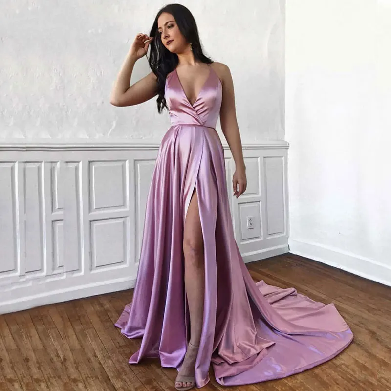 Sexy Diepe V-hals Prom Dresses Formele Eenvoudige Satin Avondjurken Hoge Split Vestido Noiva Sereia Prom Party Robe De Soiree