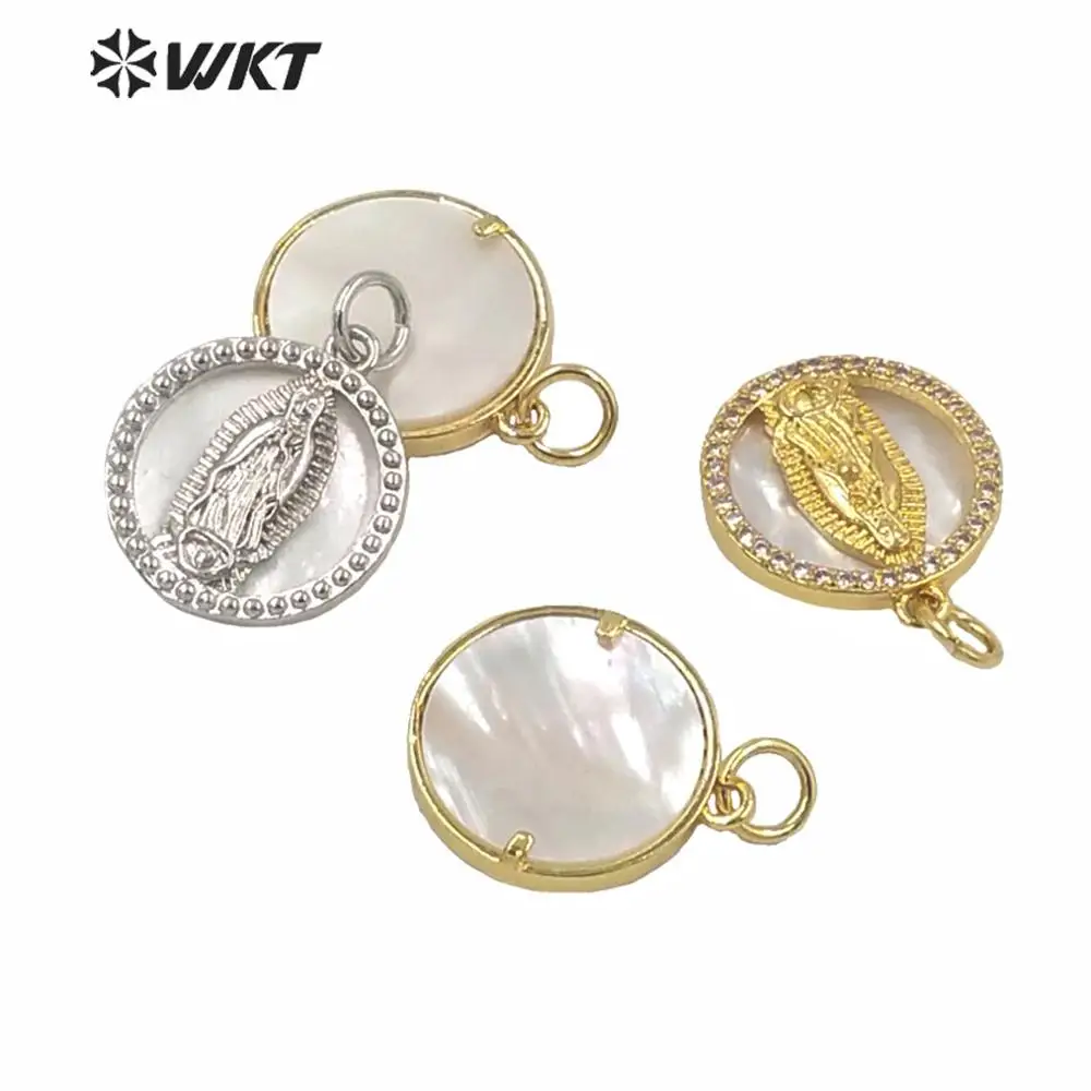 MP156 Popular white shell gold color pendants virgin mary mop shell pendant charming round shape jewelry pendant jewelry gift