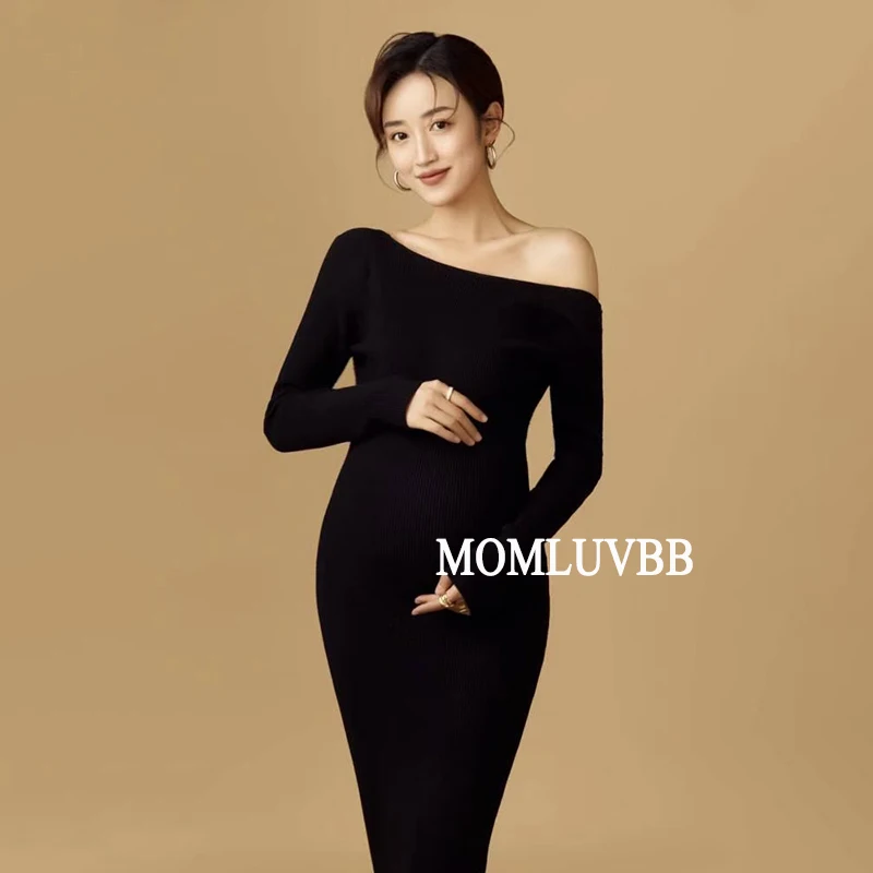 MOMLUVBB Sexy Maternity Dresses for Photo Shoot Full Sleeve Backless Pregnancy Clothes Photography Props Knitted Black Dress