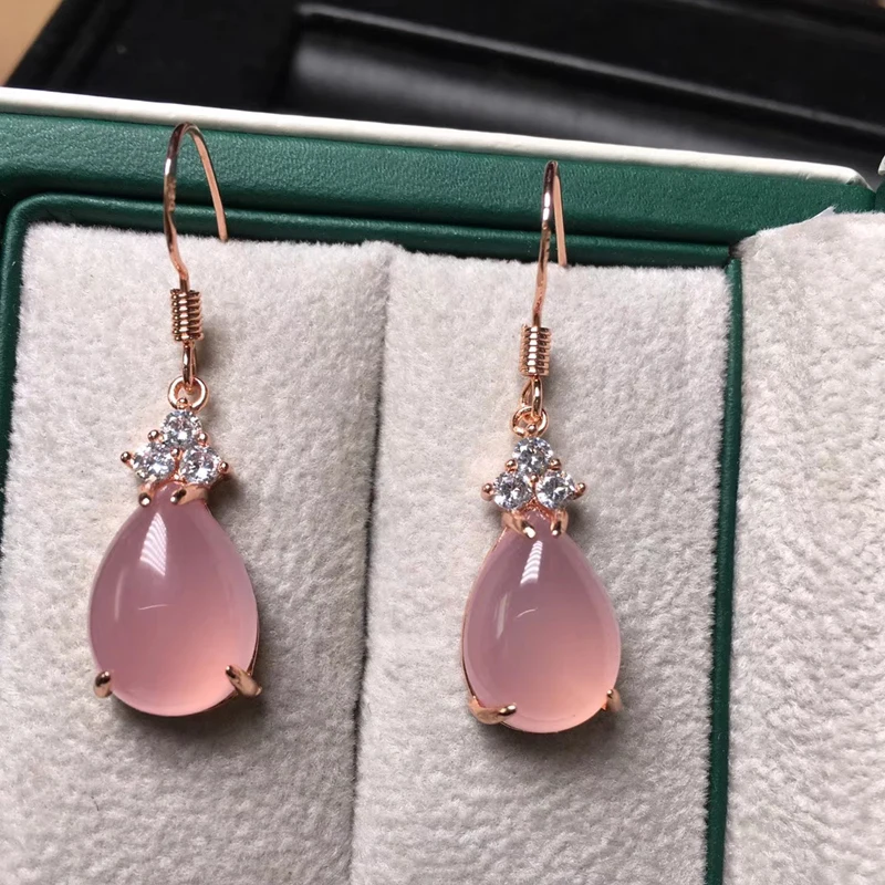 Natural Jadery Pink Green Red Chalcedony Jade Water Drop Earrings For Women Rose Gold Sterling Silver 925 Jewelry Eardrop