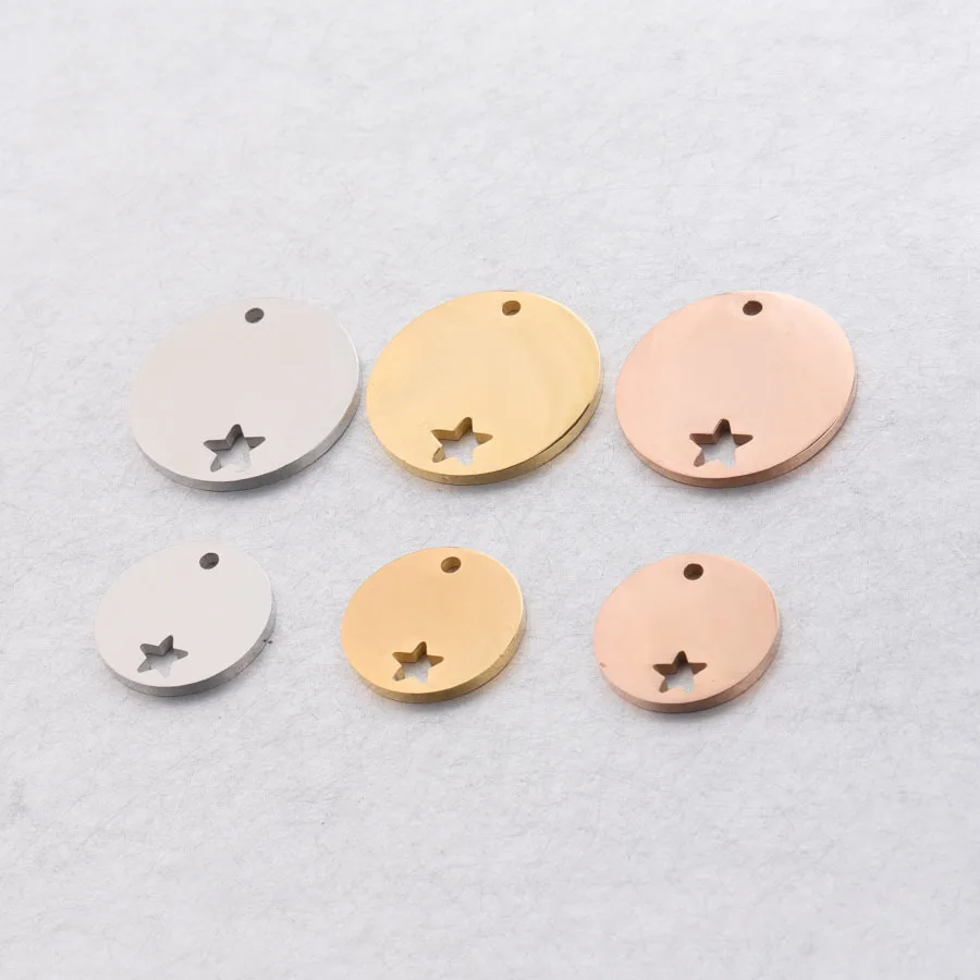 50pcs 15/20mm 3Color Mirror Polish Stainless Steel Round Pendants (hollow star)  Blanks For DIY Tag fashion