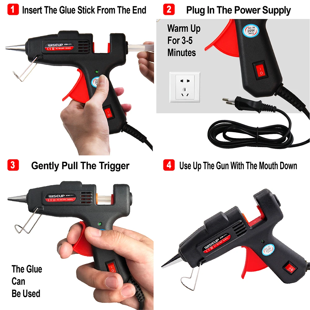 WISEUP 20W Glue Gun Industrial Mini Hot Melt Glue Guns Thermo Electric Heat Temperature Repair Tool DIY Fit 7*100MM Sticks