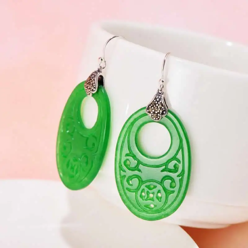 

New Natural Green Jadeite Oval S925 Sterling Silver Dangle Earrings