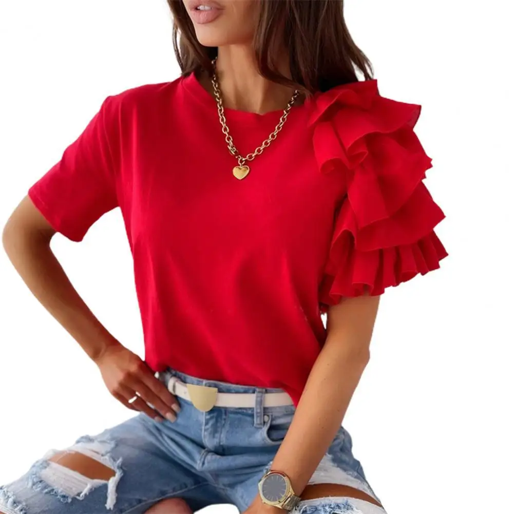 Moda feminina blusa elegante moda cor sólida em camadas plissado manga curta assimétrico solto topo blusas de verão 2021