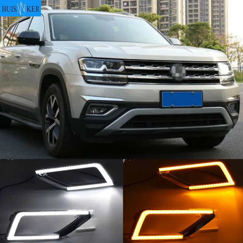 

1Pair LED For Volkswagen VW Teramont 2017 2018 DRL Daytime Running Light Daylights Fog Lamp Cover With Yellow Turn Signal