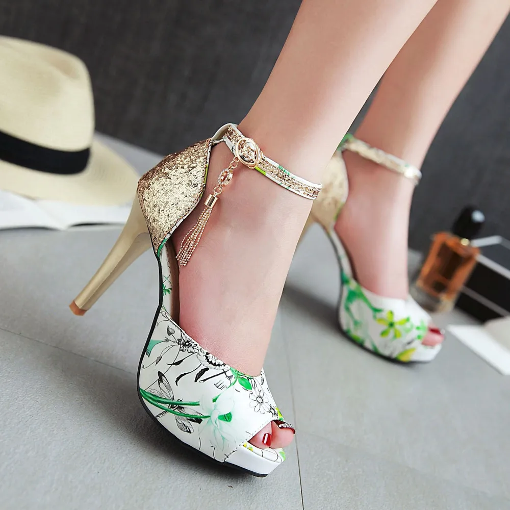 women Summer Flower print shoes Fish Mouth high heel ladys platform sandals evening dress wedding shoes femal zapatos de mujer