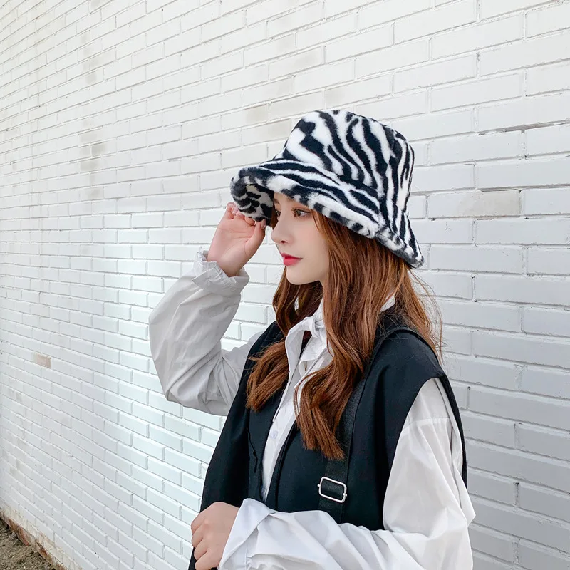 FOXMOTHER New Soft Warm Fishing Cap Gorros Black White Striped Zebra Bucket Hats Winter Women Lady Gorros