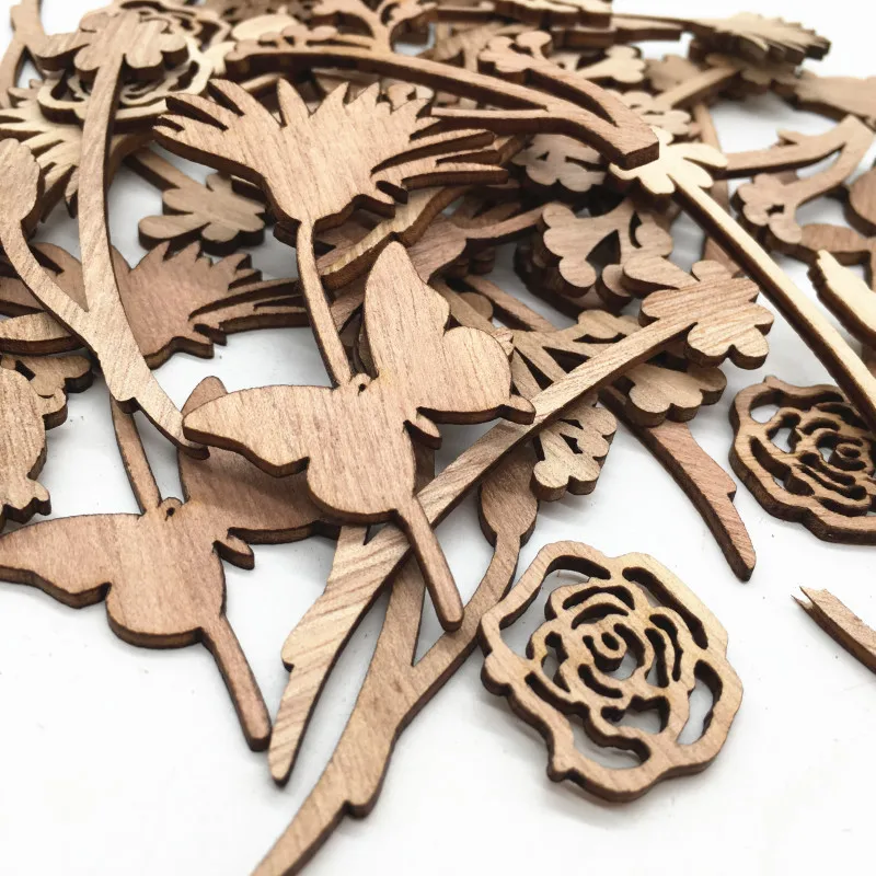 20pcs Laser Cut Wood Flowers and Leaves Blank Wooden Embellishments for DIY Crafts Christmas Wedding Decoration