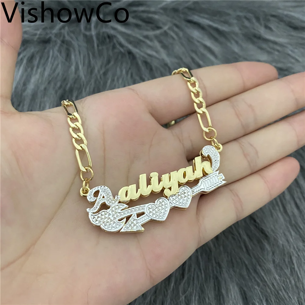 

Personalized 3D Cupid's Arrow Hearts Pendant 14K or 18K Gold Name Charm Jewelry