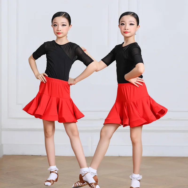 Children Latin Dance Costumes Girls Latin Skirt 2-piece Set Milk Silk Tops Professional Competition Stage Performing Dancewear