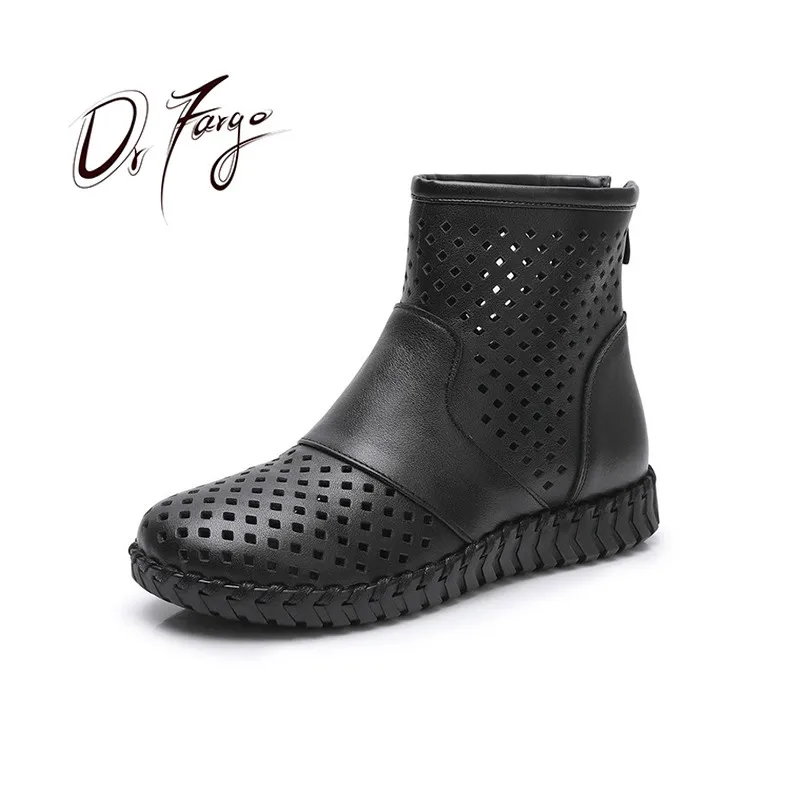 

DRFARGO Summer Women Boots Genuine Leather Square Low Heel Round Toe back Zip Cut Out Hollow Women Shoes Ankle Boots big size 43