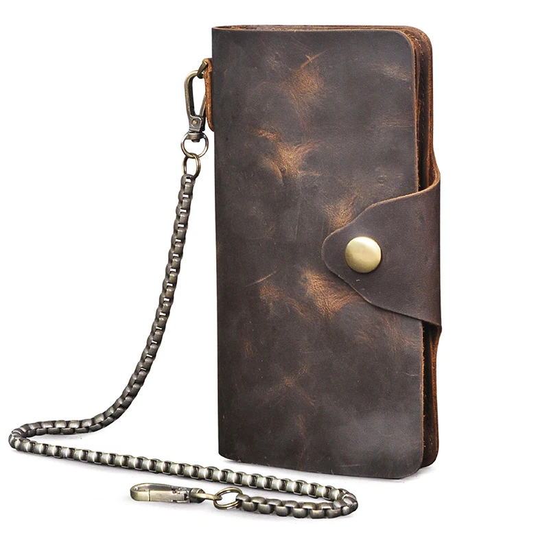 2021 Male Crazy Horse Leather Vntage Checkbook Business Card Holder Chain Organizer Long  Men's Wallet Purse Design Clutch 001