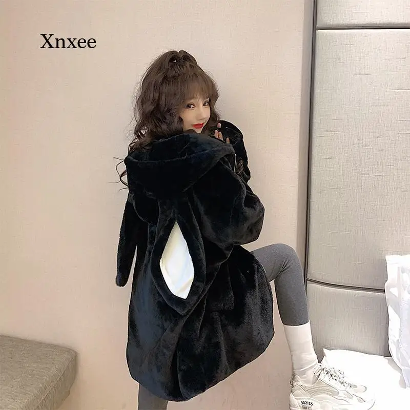 

Autumn and Winter Harajuku Couple Hoodies Cute Black Hooded Jacket Women Sweet Korean Loose Warm Plush Jacket