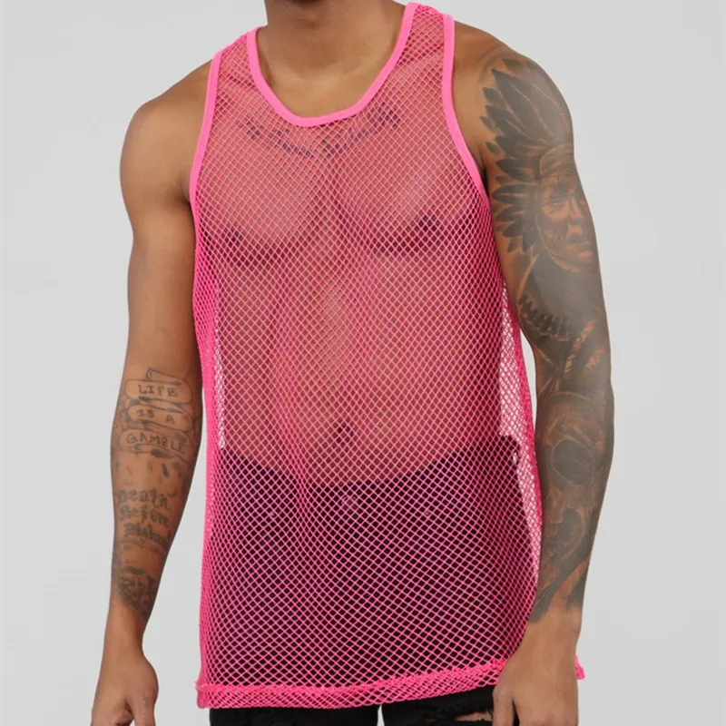 New Men\'s Tops Sexy Mesh Sheer Perspective Vest Fishing Net Muscle Sleeveless See Through Tops