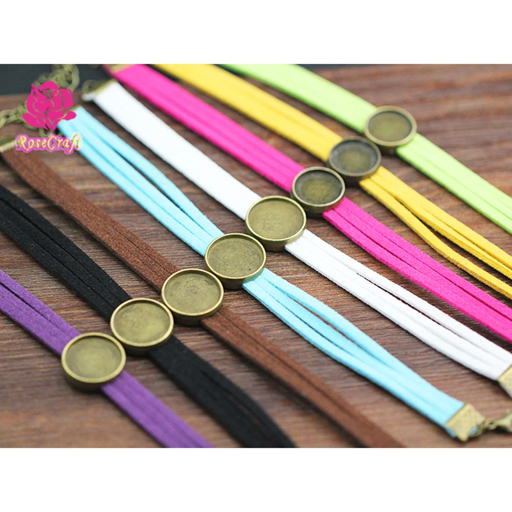 10 sztuk ręcznie robione 15cm zamszowy sznurek bransoletka ustawienie 14mm okrągły Cabochon pusta podstawa Bezel taca DIY komponenty do biżuterii akcesoria