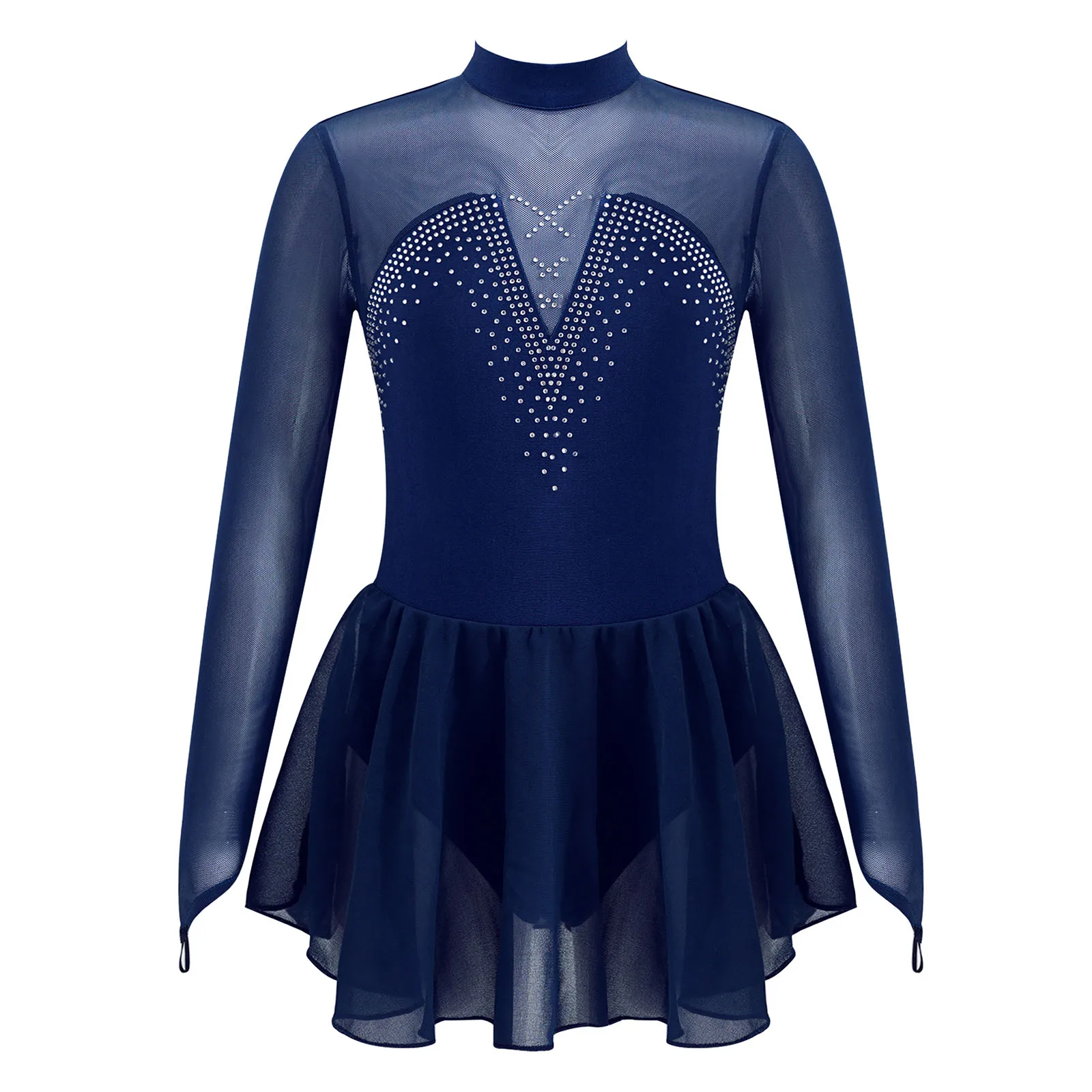 เด็กสาวยิมนาสติก Leotard รูปสเก็ตน้ำแข็งเครื่องแต่งกายบัลเล่ต์ชุดแขนยาว Sparkly Rhinestone ตาข่าย Splice ชุดสเก็ต