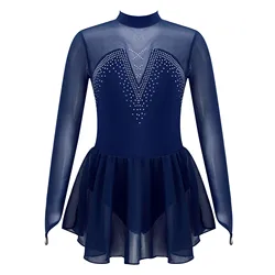 Vestido de patinaje artístico para niñas, ropa de baile con diamantes de imitación brillantes, empalme de malla, bailarina, Ballet, gimnasia, entrenamiento, tutú de tul