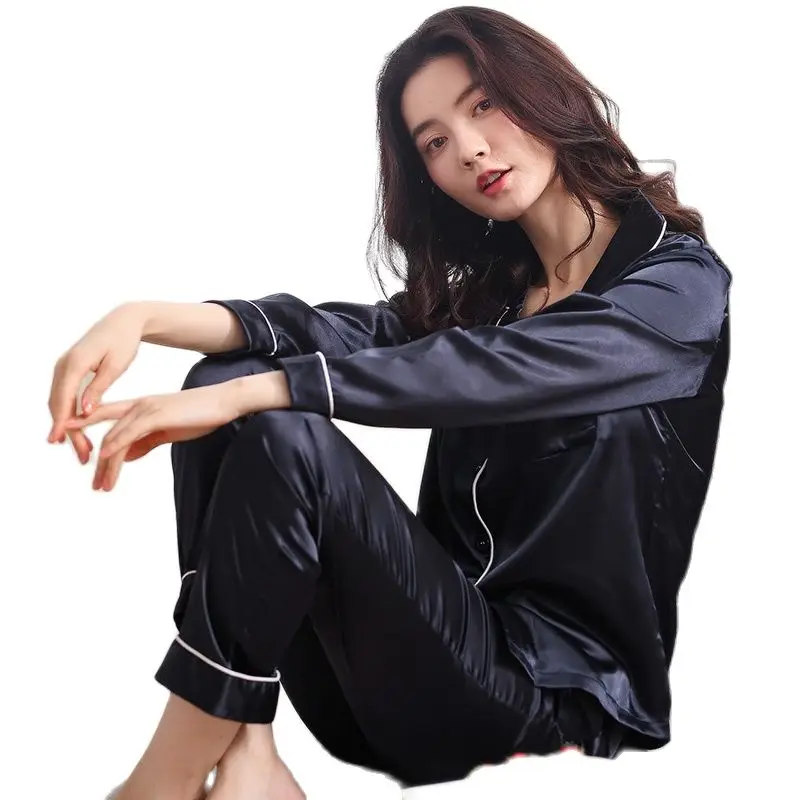 

New Arrival Autumn Silk Women Pajamas Set Satin Long Sleeve Casual Soft Sleepwear Loose Female Pyjamas