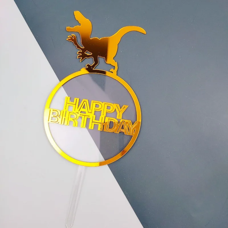 Dinosaur Theme Cake Topper Acrylic Golden Happy Birthday Cake flags High-end birthday Cupcake Toppers Kids Party Cake Decoration
