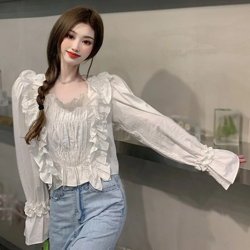 

Pleated Blouse For Women Autumn Solid Fresh Thin Causal Flare Sleeve Square Neck Long Sleeve Women Basic Loose Top Blouses