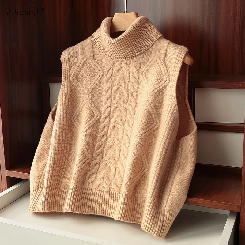 Stereo Cable Turtleneck 100% Fine Wool Big Turn-Down Collar Knitted Women Vest Short Vintage Sleeveless Sweater Twisted Thick