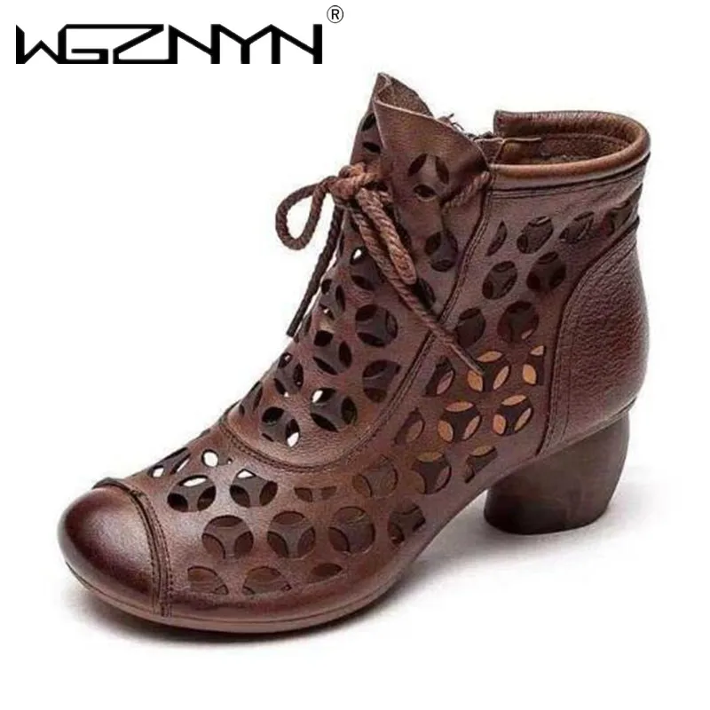 NEW Retro Style Soft Leather Women Boots 2023 Summer Mid Heels Sandals Shoes Side Zip Female Footware Black Brown Dropshipping