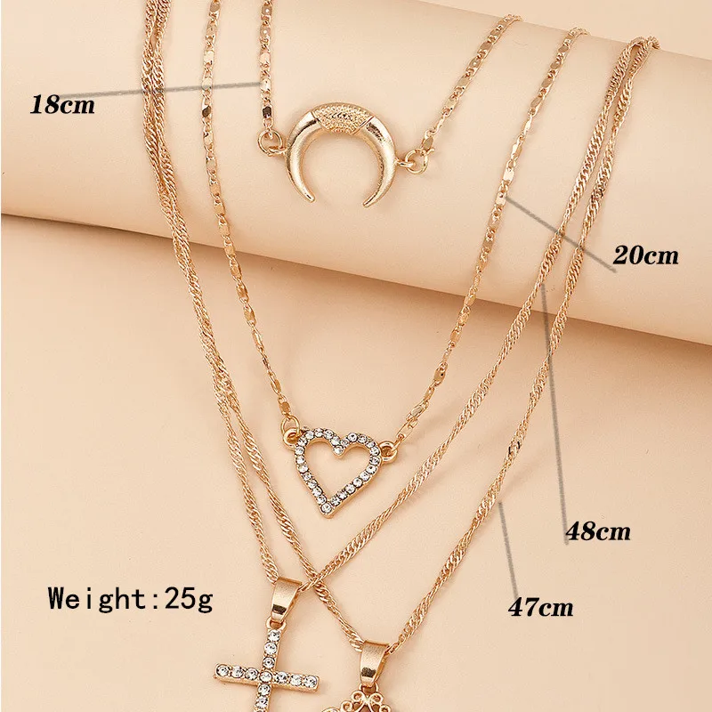 Bohemian Women Fashon Crystal Heart Corss Pendant Necklace for Women Virgin Mary Moon Multilayer NecklaceVintage Jewelry Gifts