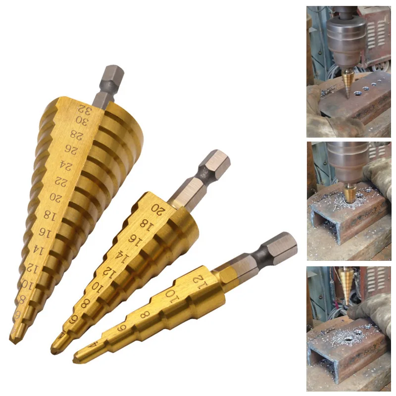 3 stücke HSS Titan Bohrer 4-12 4-20 4-32 Bohren Power Werkzeuge Metall Hohe geschwindigkeit Stahl Holz Loch Cutter Kegel bohrer