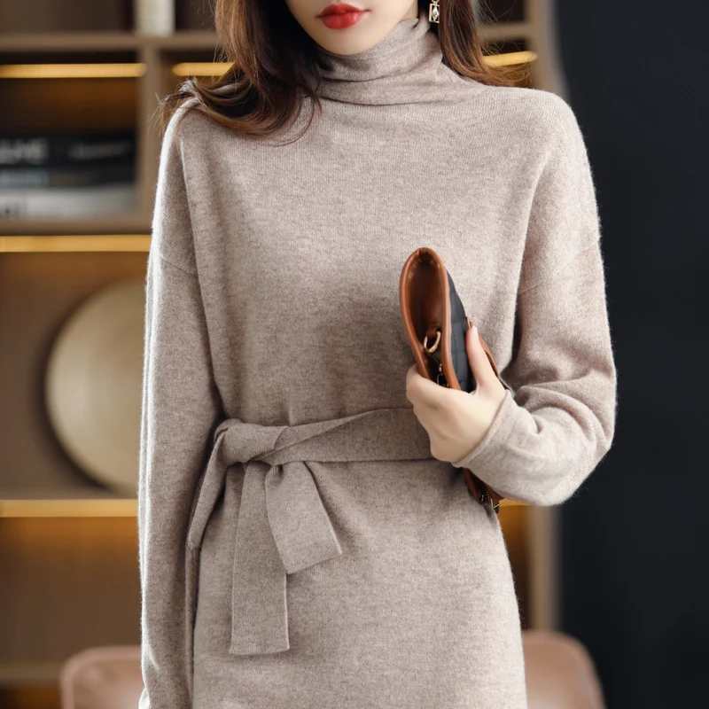 High-End 100% Pure Wool Turtleneck Women Casual Long Knees Dresses Sweater 2021 Autumn Winter Loose Soft Solid Knitted Jumper