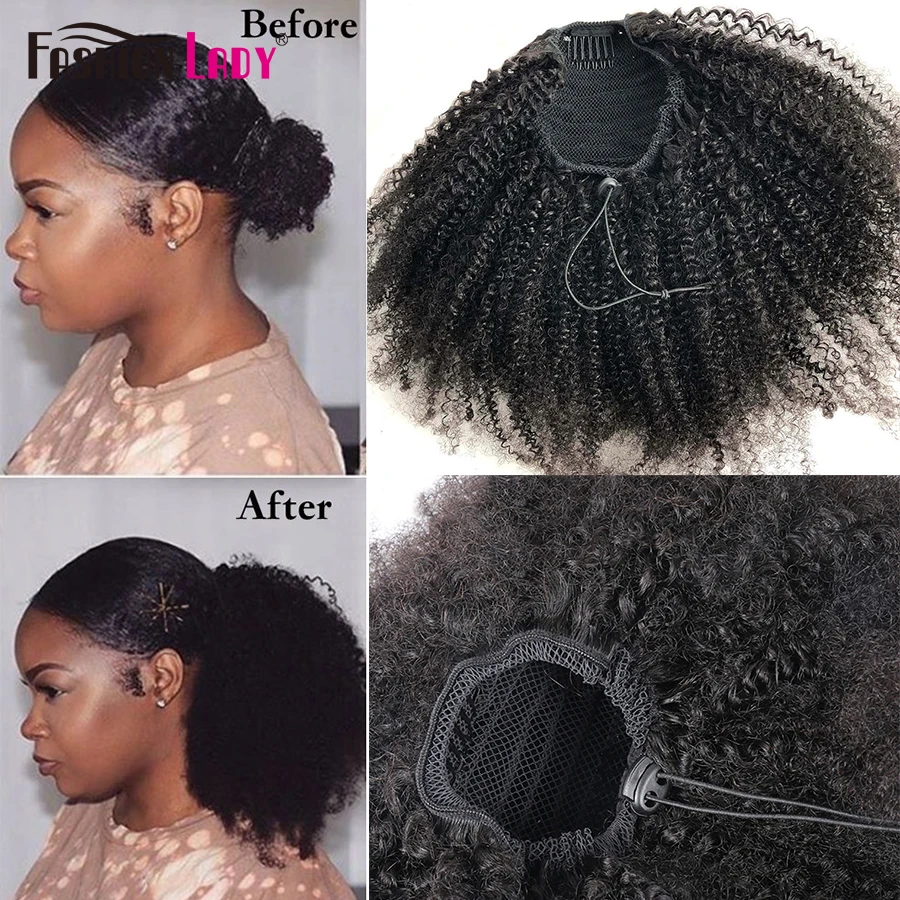 Moda feminina cabelo afro cacheado topo de cavalo 100% humano remy cabelo rabo de cavalo cacheado com 2 grampos