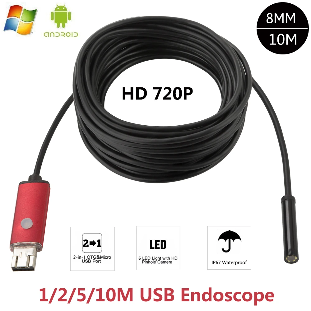 

Android USB Endoscope 2 in1 2MP 1M 2M 10M HD Camera 8mm IP67 Walterproof Snake USB Camera HD 720P Android Mobile USB Borescope