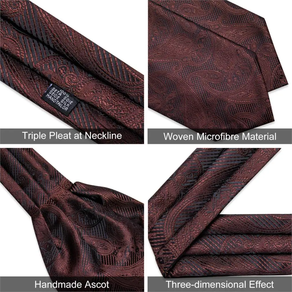 Gentleman Wine Red Cravat Ascot Tie for men British Vintage Style Cravat Autumn Winter Scarf  Necktie Set for Formal Business