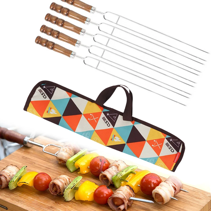 

Wooden Handle Grilling Kebob Skewers Stainless Steel BBQ Grill Skewers Set Metal Barbecue Skewer in Storage Bag BBQ Accessories