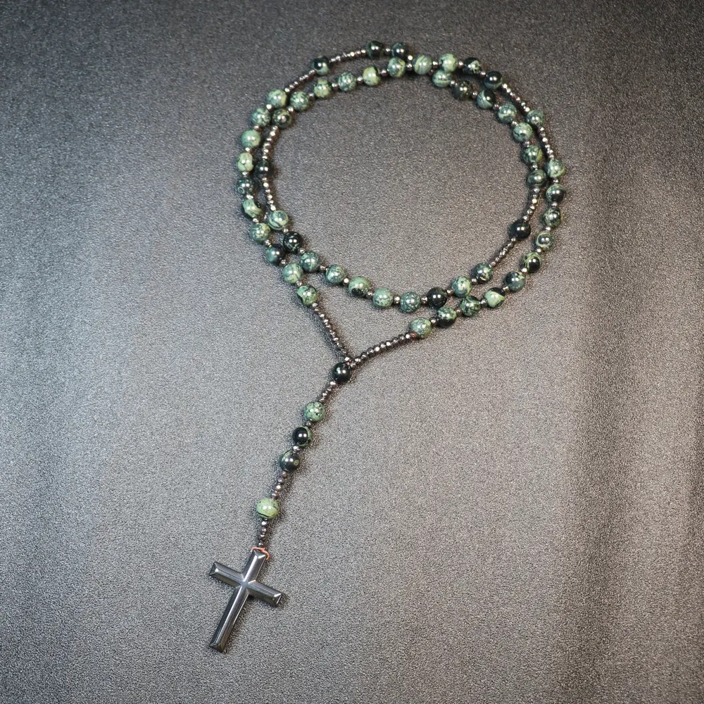 Trendy Crosses Pendant Necklace Catholic Christ Rosary Necklaces For Men Women 8mm Polar Jade Stone Beaded Meditation Necklace