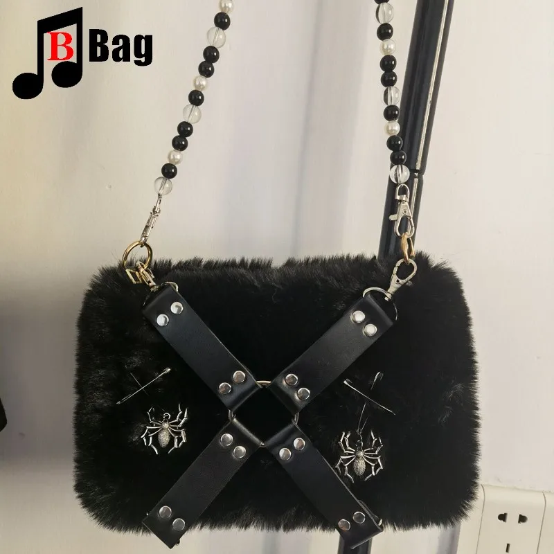 Gothic Lolita Women Girl shoulder bag  Punk underarm bag Y2K Messenger Bag furry spider chain Handbag Satchel Harajuku bag tote