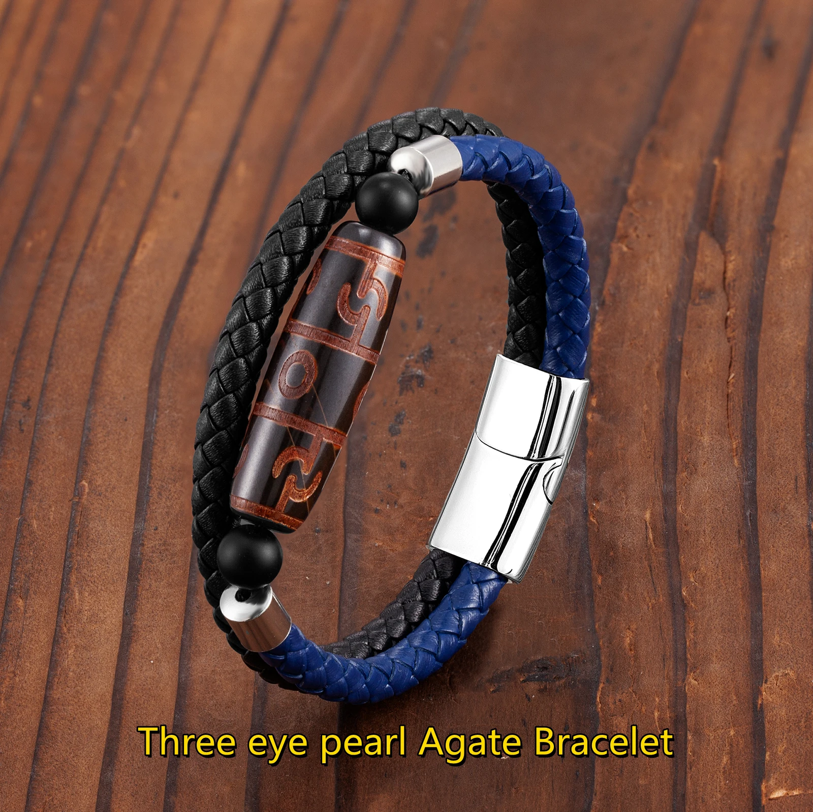 Long Oval Brown 3 Eyes Dzi Natural Agate Two-Color Ethnic Style Men's Leather Rope Bracelet 316L Stainless Steel Bracel