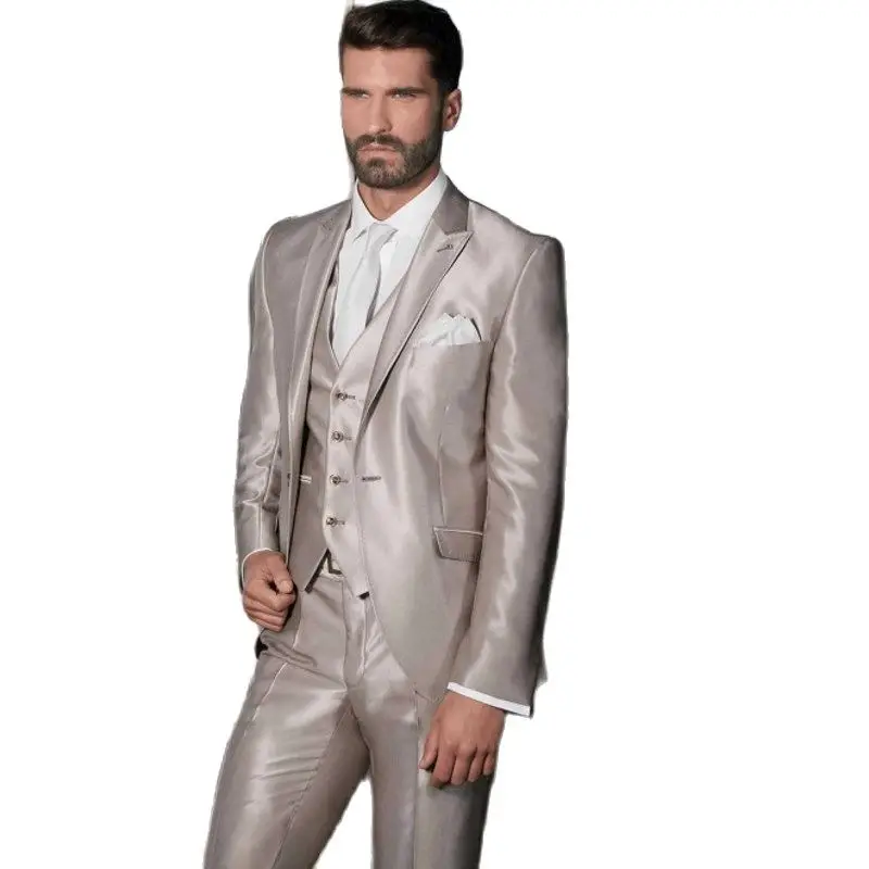 Shiny Beige Handsome Groom Tuxedos Slim Fits Men's Evening Dress Toast Suit Party Blazer Clothes (Jacket+Pants+Vest+Tie) NO:091