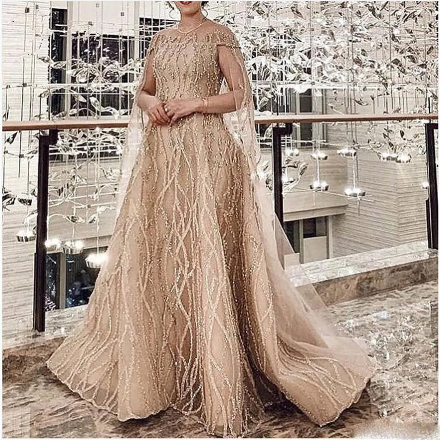 

Elegant Sparkle Beaded A-line Prom Dresses With Cloak Sequined Lace Long Evening Gowns Champagne Formal Dresses