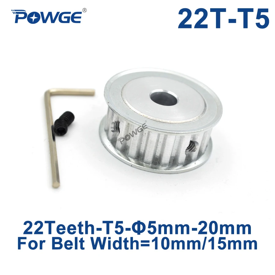 

POWGE 22 Teeth T5 Timing Synchronous pulley Bore 5/6/6.35/7/8/10/12/14/15/16/17/19/20mm for belt width 10/15mm Gear 22teeth 22T