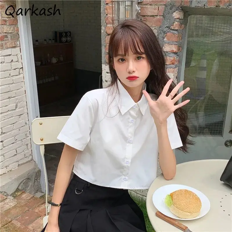 Shirts Women Turn Down Collar Preppy Style Summer Sweet Solid Casual Ins Student Female Simple All-match Streetwear Crops Tops