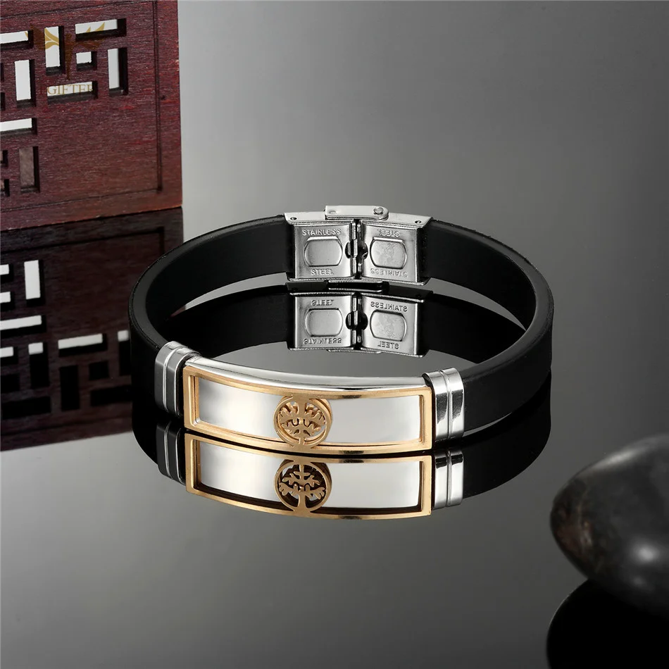 

FGifter New Fashion Jewelry Silicone Rubber Gold Color Life of Tree Stainless Steel Men Bracelets Bangles