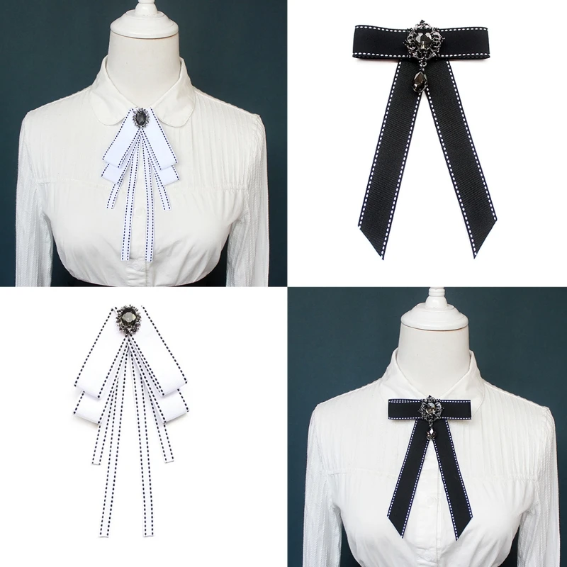 Women Vintage Elegant Pre-Tied Neck Tie Brooch Imitation Pearl Jewelry Ribbon Bow Tie Corsage for Shirt Collar Clothes Dropship