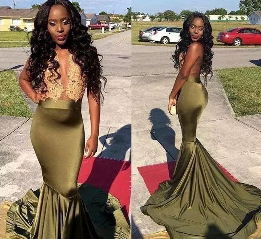 2025 vestidos africanos De graduación para chica negra Sexy espalda abierta apliques De encaje dorado sirena vestidos De fiesta De noche bata De velada