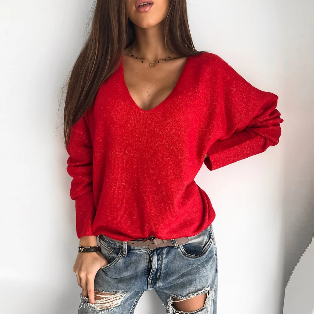 Women Elegant V Neck Knitted Pullover Vintage Long Sleeve Loose Knitted Sweater Casual Solid Wild Jumpers 2020 Knitting Tops